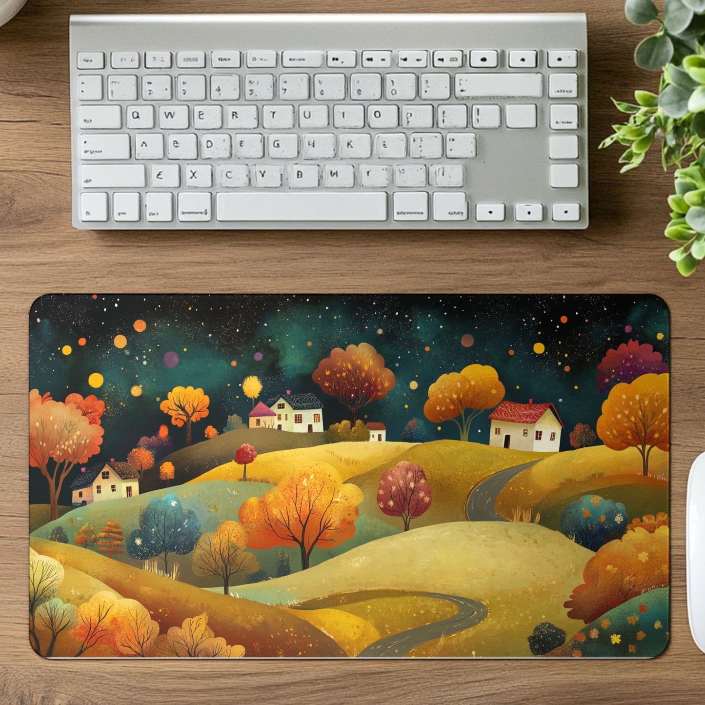 Folk Art Town Desk Mat, Mouse Pad, Gaming Playmat