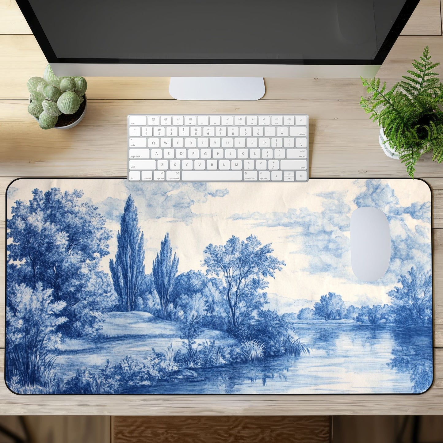 Blue Toile de Jouy Desk Mat, Mouse Pad, Gaming Playmat