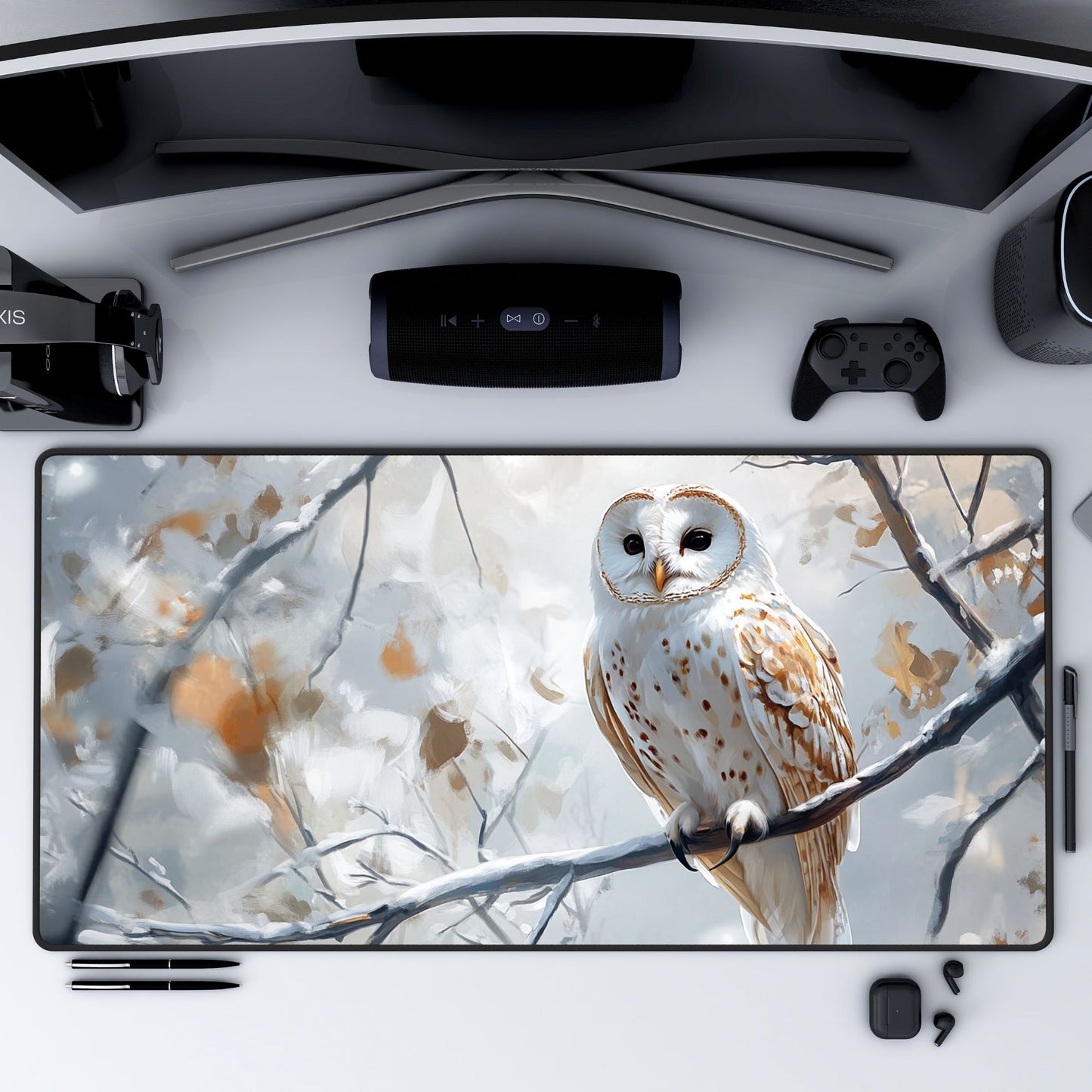 White Owl Desk Mat, Mouse Pad, Gaming Mat