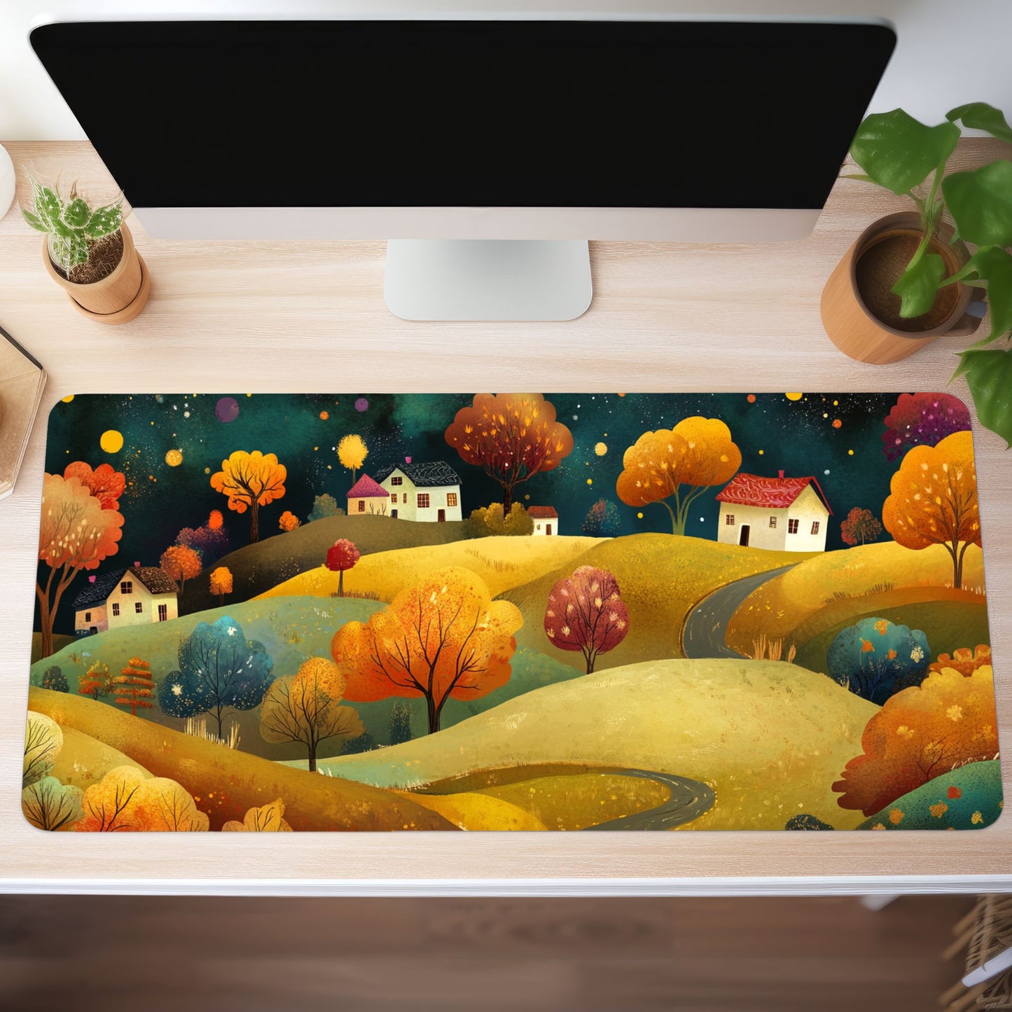 Folk Art Town Desk Mat, Mouse Pad, Gaming Playmat