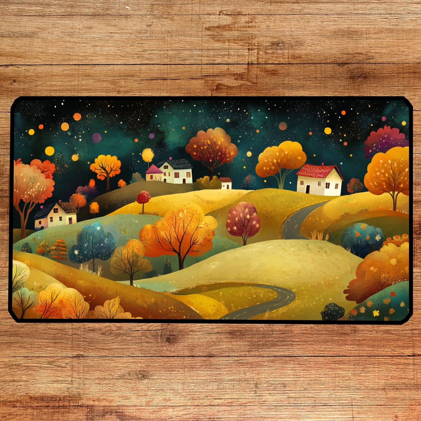 Folk Art Town Desk Mat, Mouse Pad, Gaming Playmat