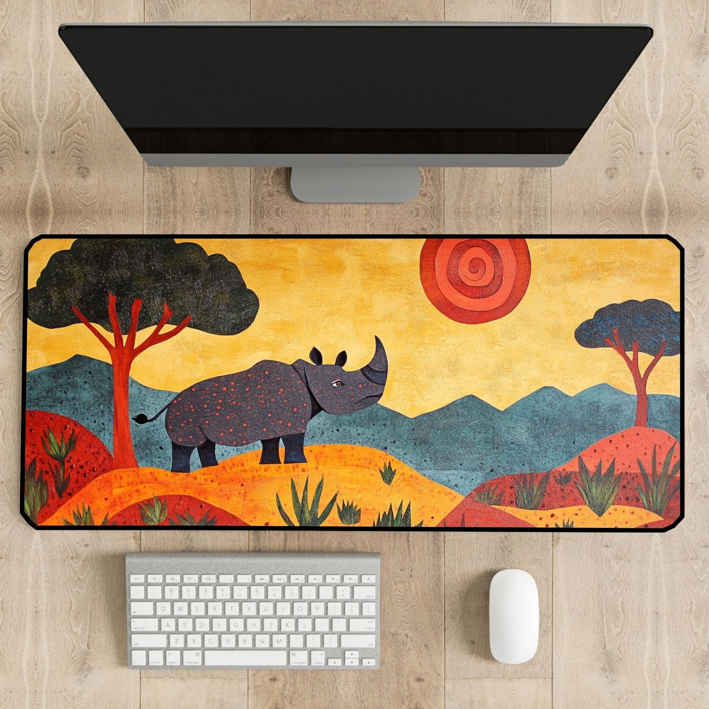 Folk Art Rhino Desk Mat, Mouse Pad, Gaming Mat