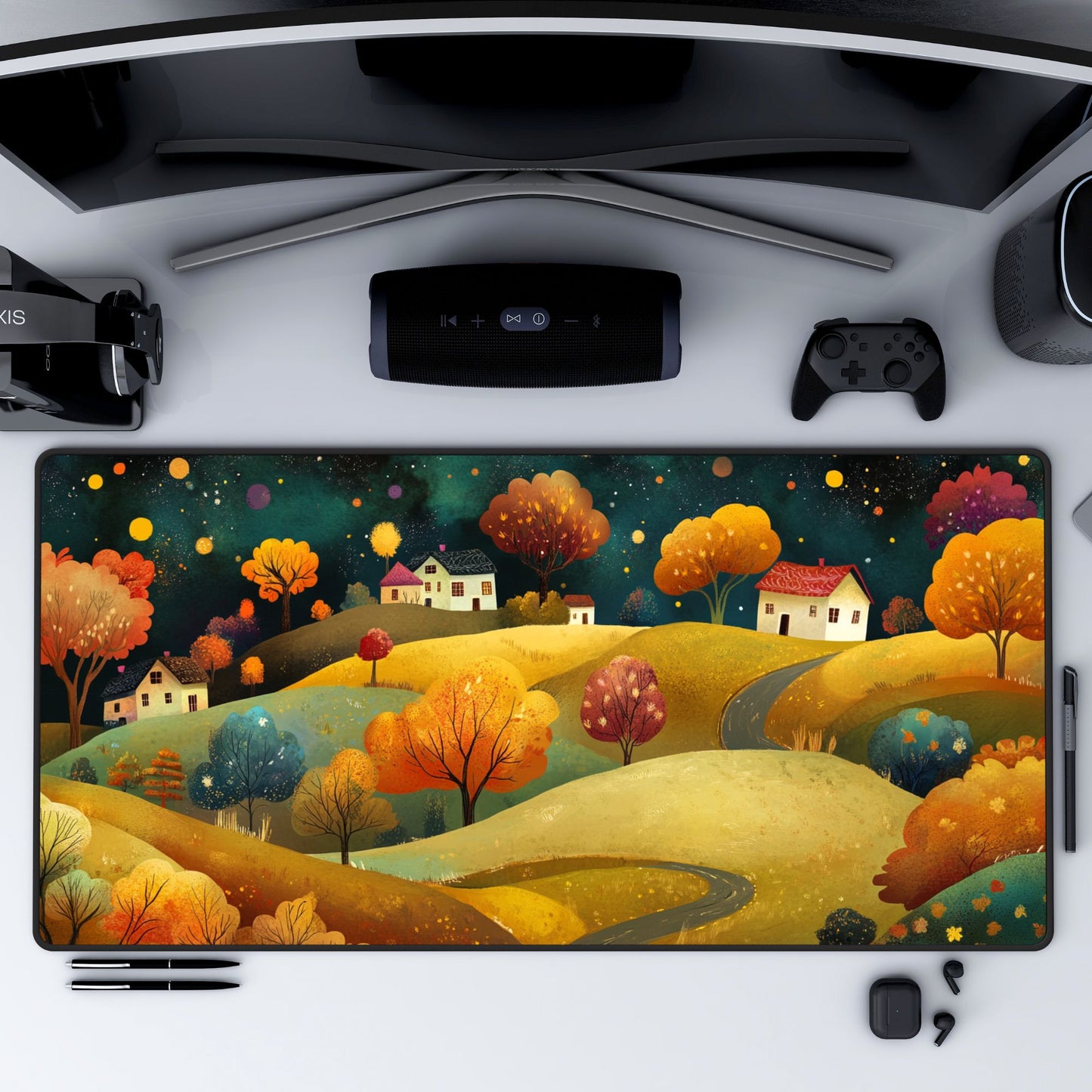 Folk Art Town Desk Mat, Mouse Pad, Gaming Playmat