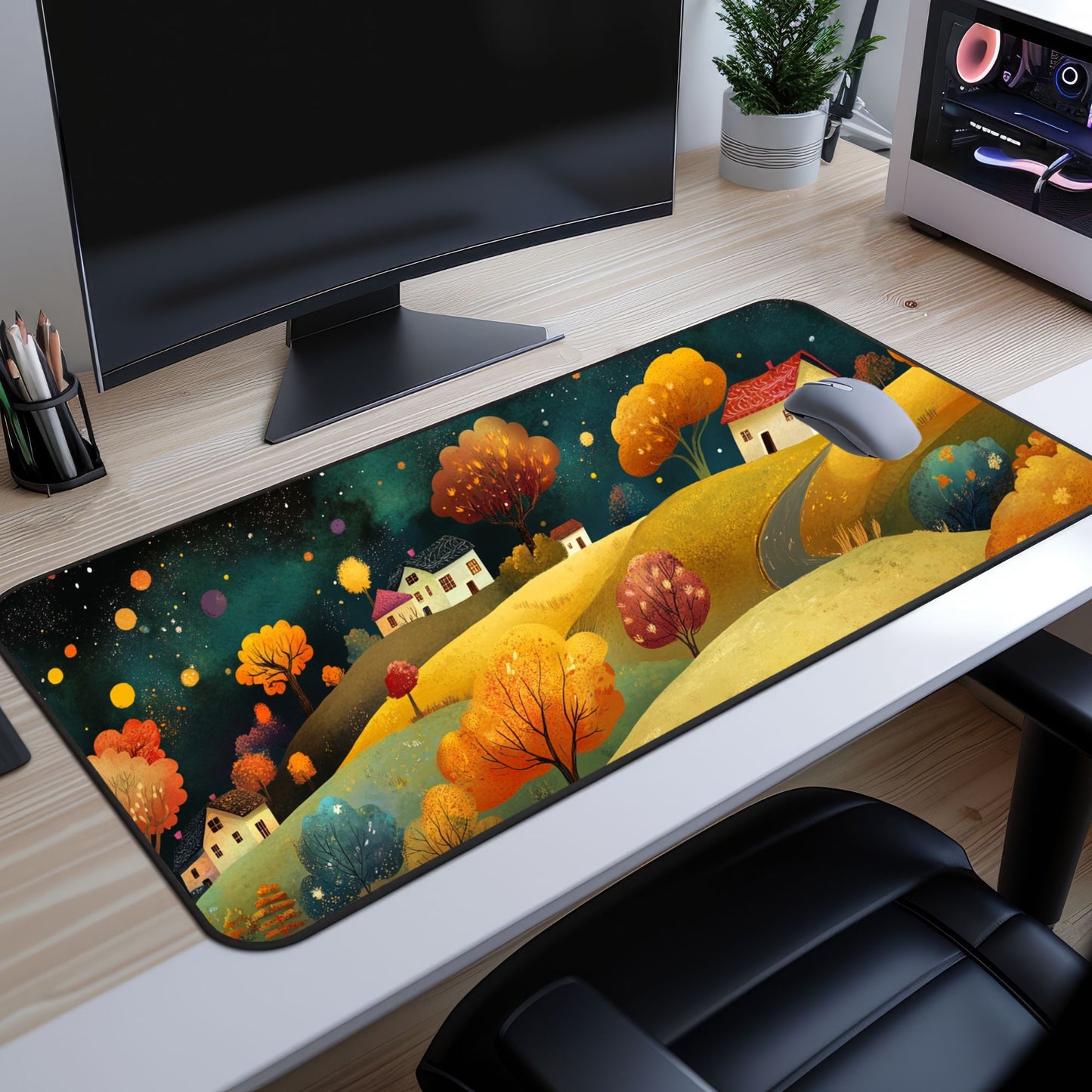 Folk Art Town Desk Mat, Mouse Pad, Gaming Playmat