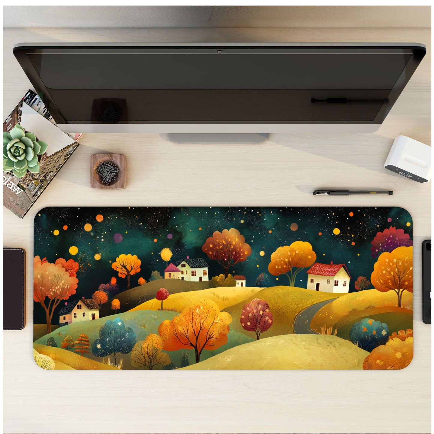 Folk Art Town Desk Mat, Mouse Pad, Gaming Playmat