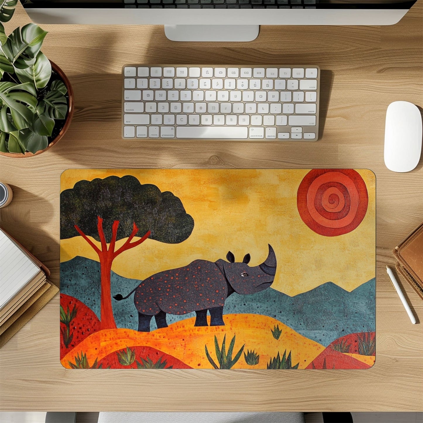 Folk Art Rhino Desk Mat, Mouse Pad, Gaming Mat