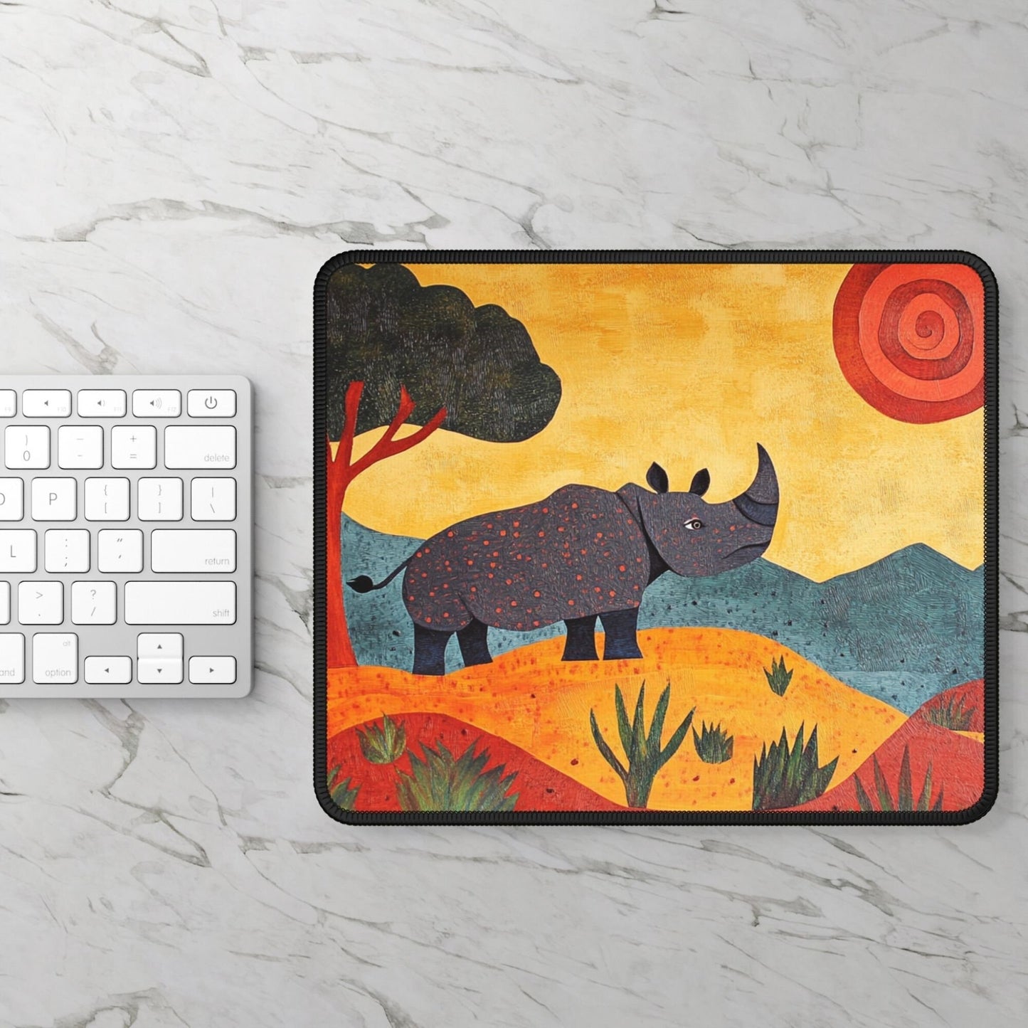 Folk Art Rhino Desk Mat, Mouse Pad, Gaming Mat