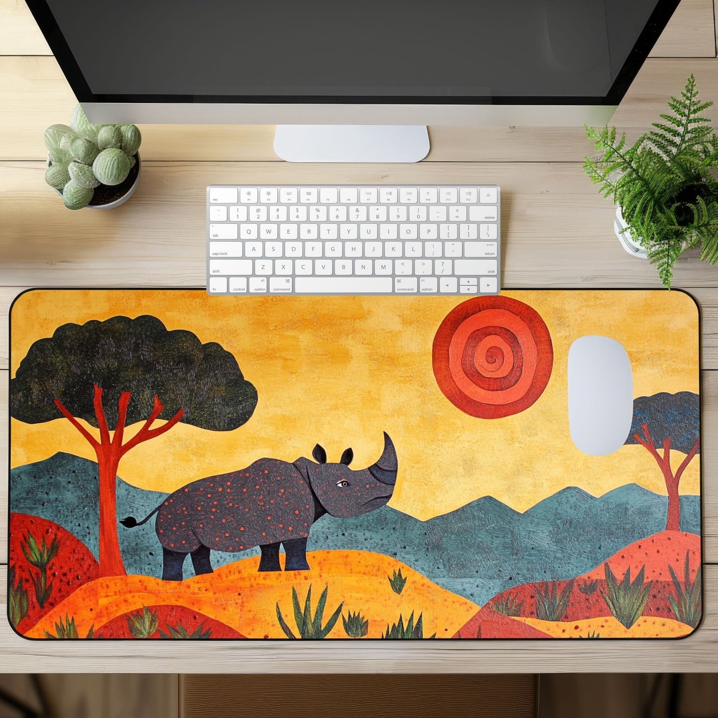 Folk Art Rhino Desk Mat, Mouse Pad, Gaming Mat