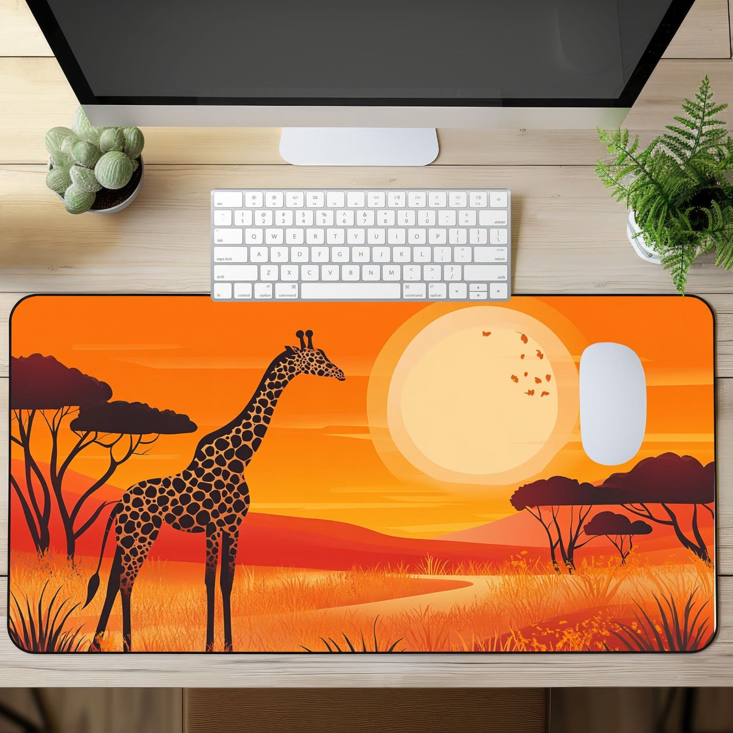 Folk Art Giraffe on the African Savanna, Desk Mat, Mouse Pad, Gaming Playmat