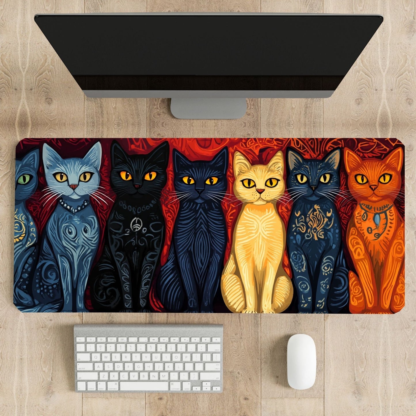 Folk Art Cats Desk Mat, Mouse Pad, Gaming Mat