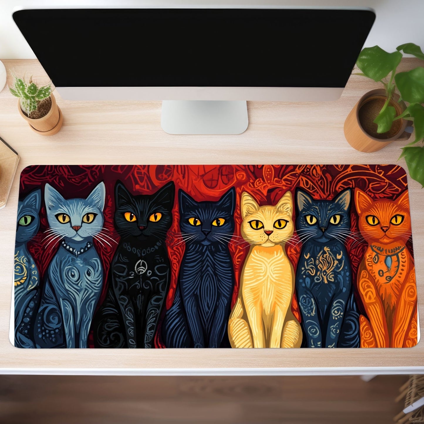 Folk Art Cats Desk Mat, Mouse Pad, Gaming Mat