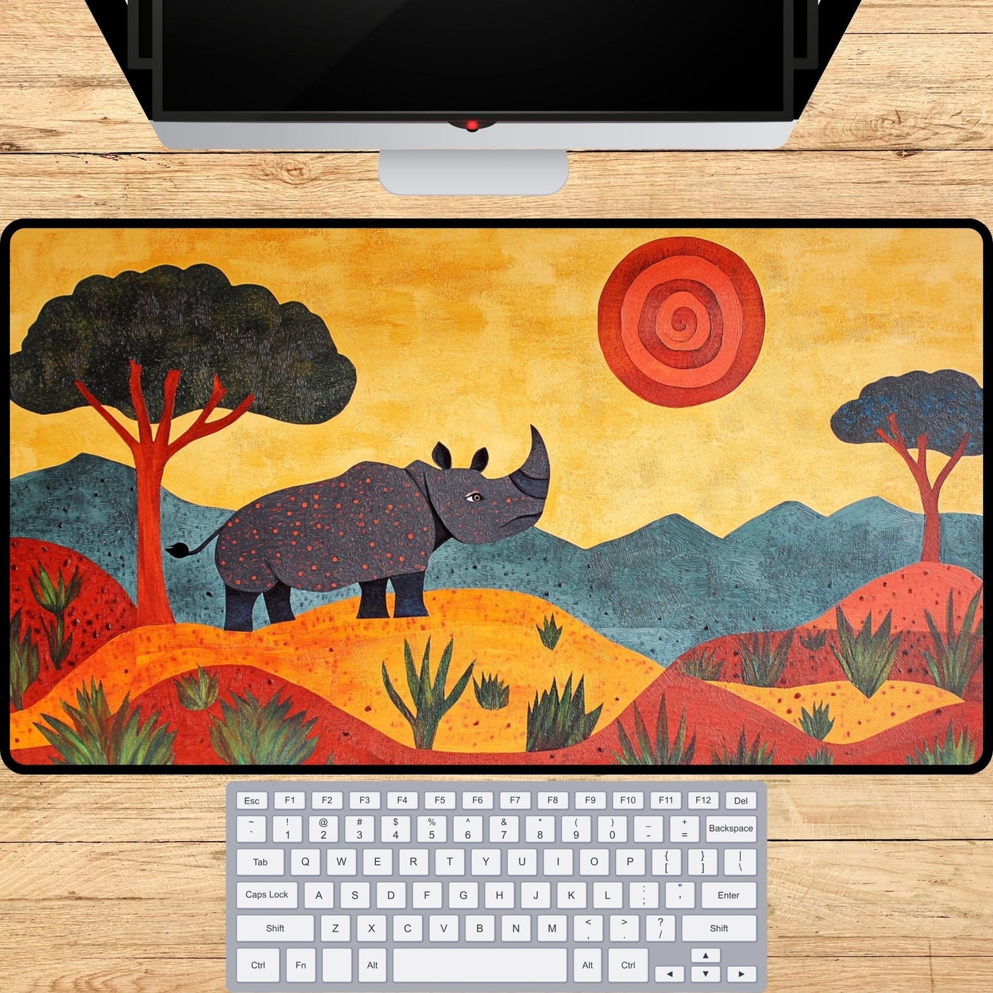 Folk Art Rhino Desk Mat, Mouse Pad, Gaming Mat