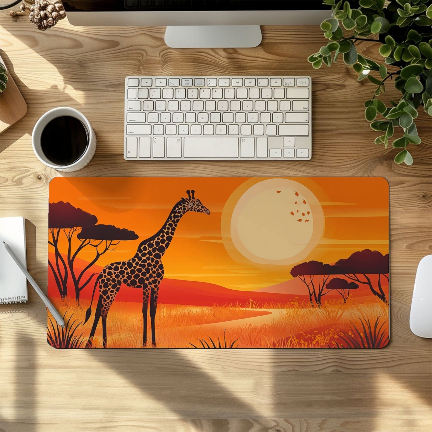 Folk Art Giraffe on the African Savanna, Desk Mat, Mouse Pad, Gaming Playmat