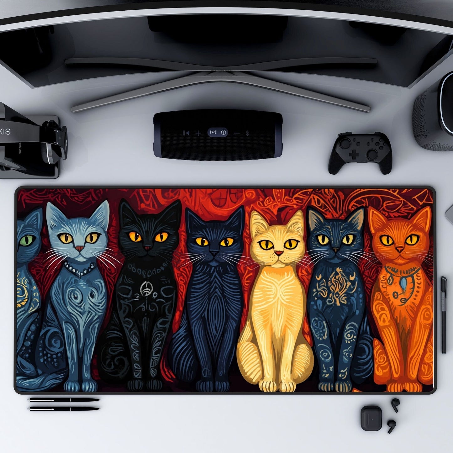 Folk Art Cats Desk Mat, Mouse Pad, Gaming Mat