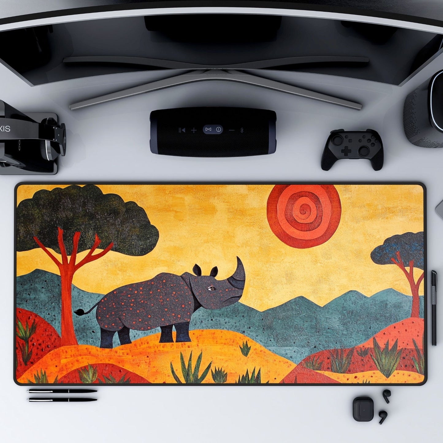 Folk Art Rhino Desk Mat, Mouse Pad, Gaming Mat
