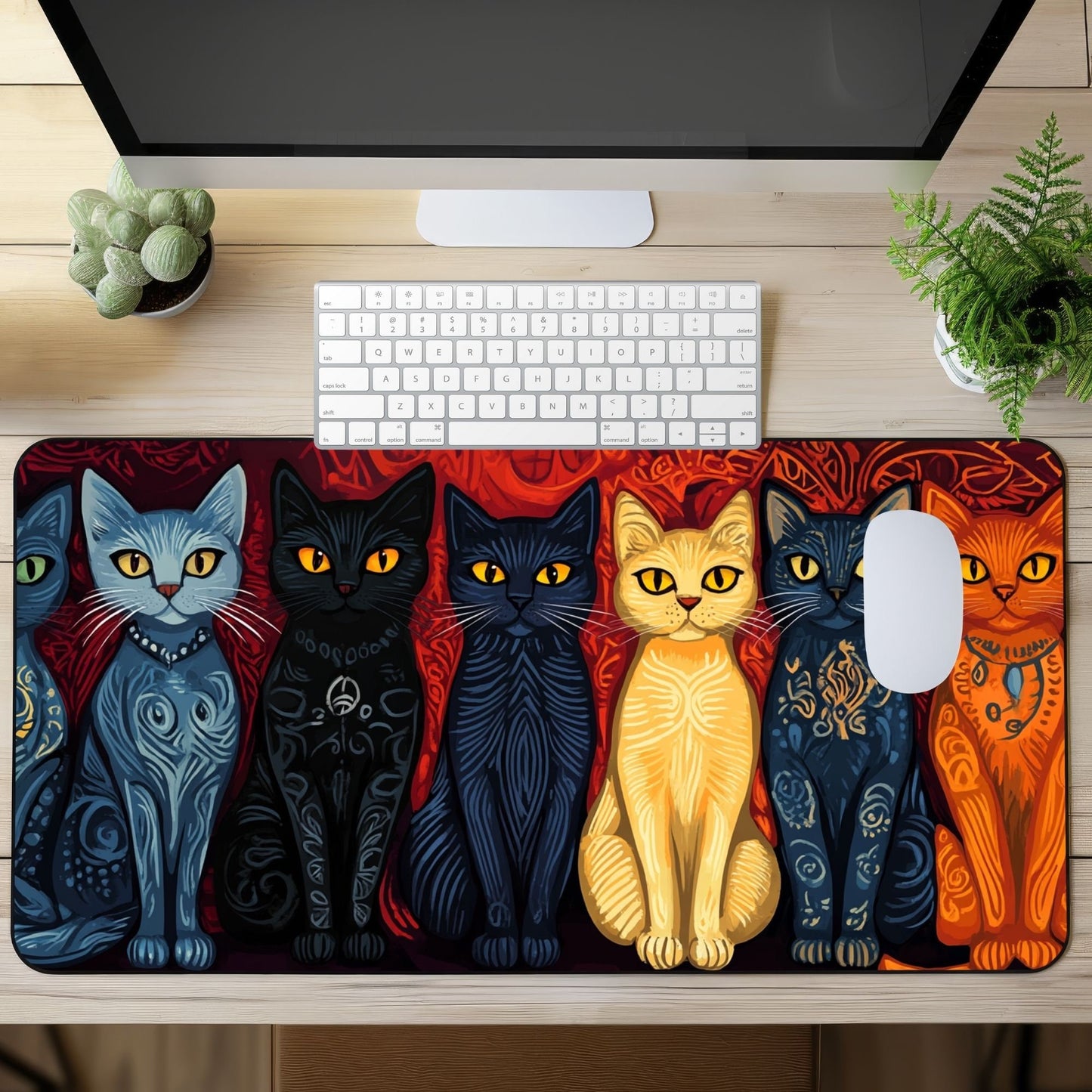 Folk Art Cats Desk Mat, Mouse Pad, Gaming Mat
