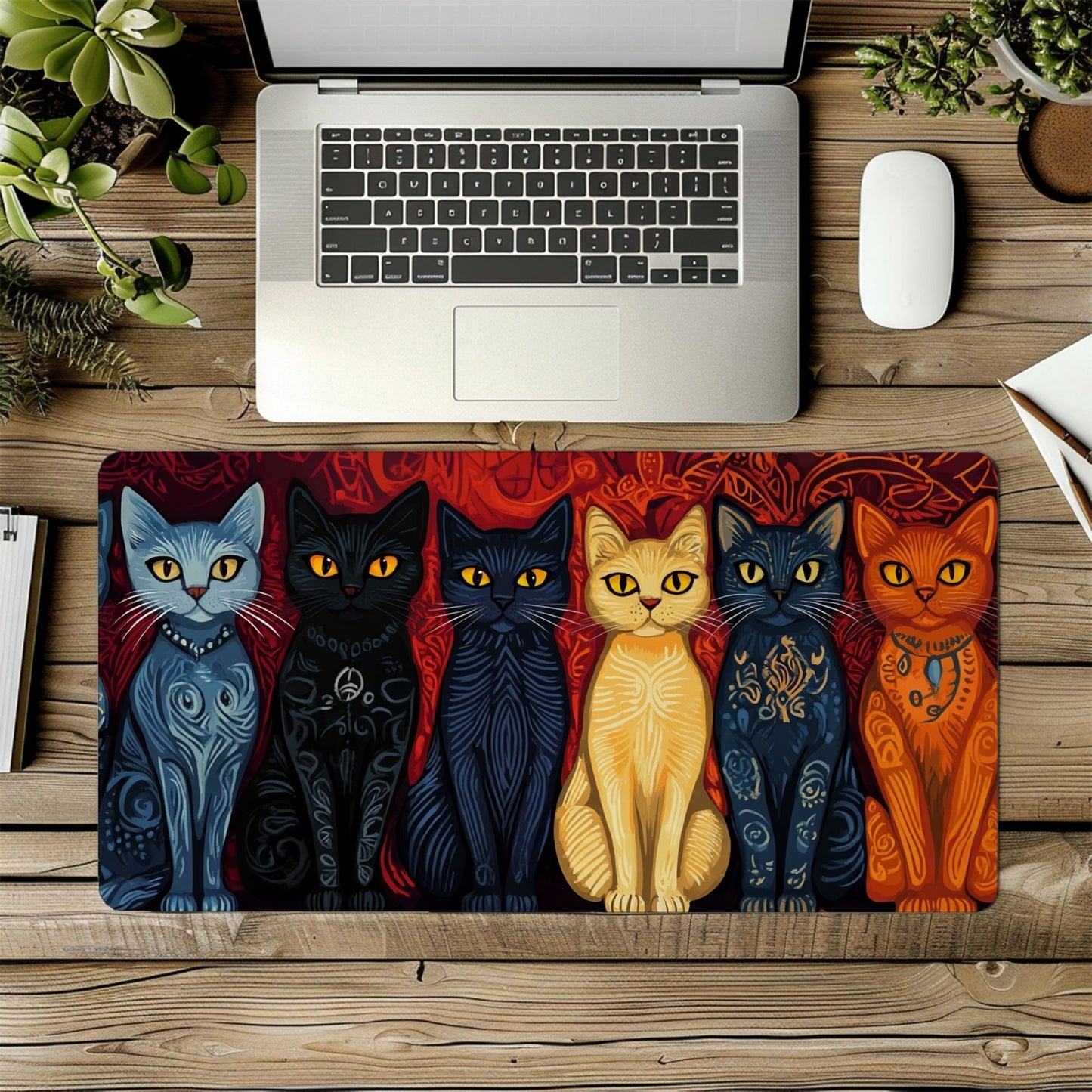 Folk Art Cats Desk Mat, Mouse Pad, Gaming Mat